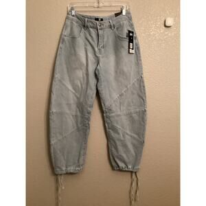NWT Madden NYC Barrel Sun Ray Decorative Seam Light Wash Jeans Drawstring Hem 8